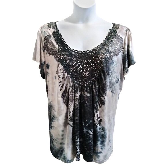 OneWorld Live And Let Live Plus Size 2X Top Tunic Lace Detail Tie-Dye Scoop Neck - Picture 2 of 9